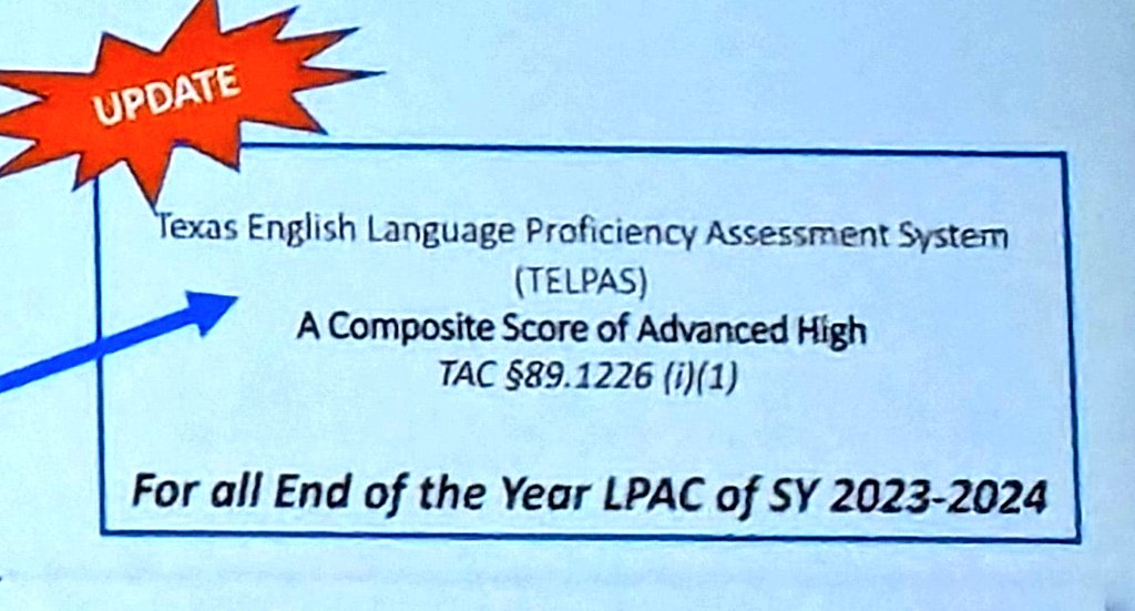 Informative session about content-based language instruction #CBLI & update on EBs' reclassifcation . EBs don't need Adv High in the 4 domains anymore. Need a composite score of Adv High to reclassify #TELPAS @R4Multilingual @clynvan1 @AldineEsl