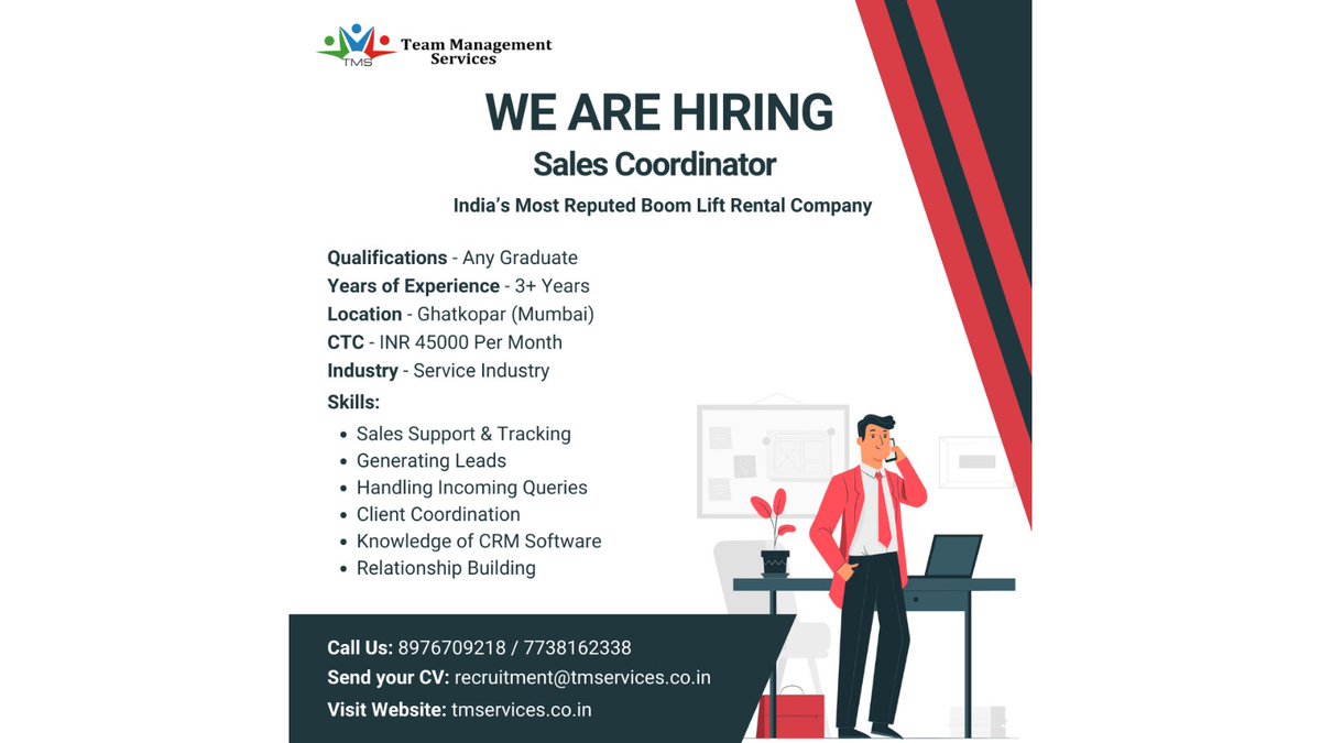 Passionate about Sales? We're on the hunt for a proactive Sales Co-ordinator!

recruitment@tmservices.co.in | 8976709218 – 7738162338

#tms #hrmode #hr #hrservices #hroutsourcing #hrsolutions #mumbai #wednesday #hiring #jobs #sales

[Hiring Sales Coordinator, Sales Job Opening]