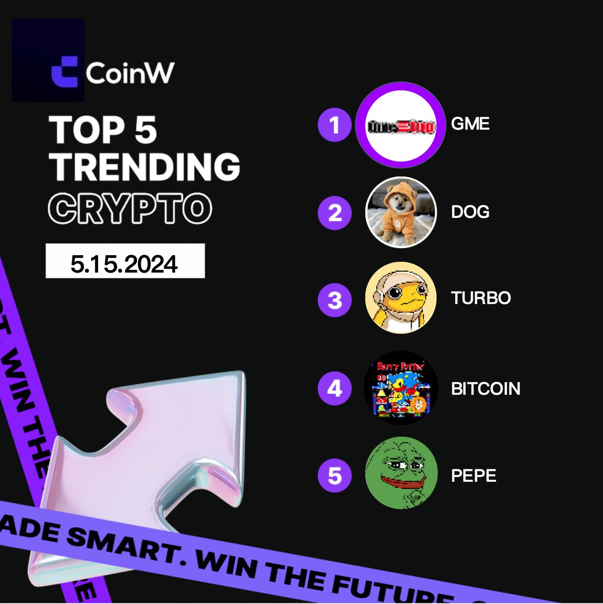 Our Top 5 Trending #Crypto chart: $GME, $DOG, $TURBO, $BITCOIN, and $PEPE are making waves! 🌊 What's on your trading radar today? Share your picks! 👇
