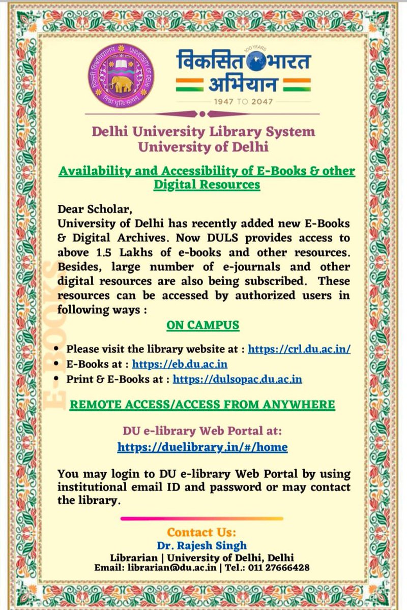Under the  Bharat Abhiyaan , Delhi University Library System, University of Delhi provides E-Books & other Digital Resources.
#Viksitbharatabhiyaan
#DUlibrary
#Eresources
#Digitalresources