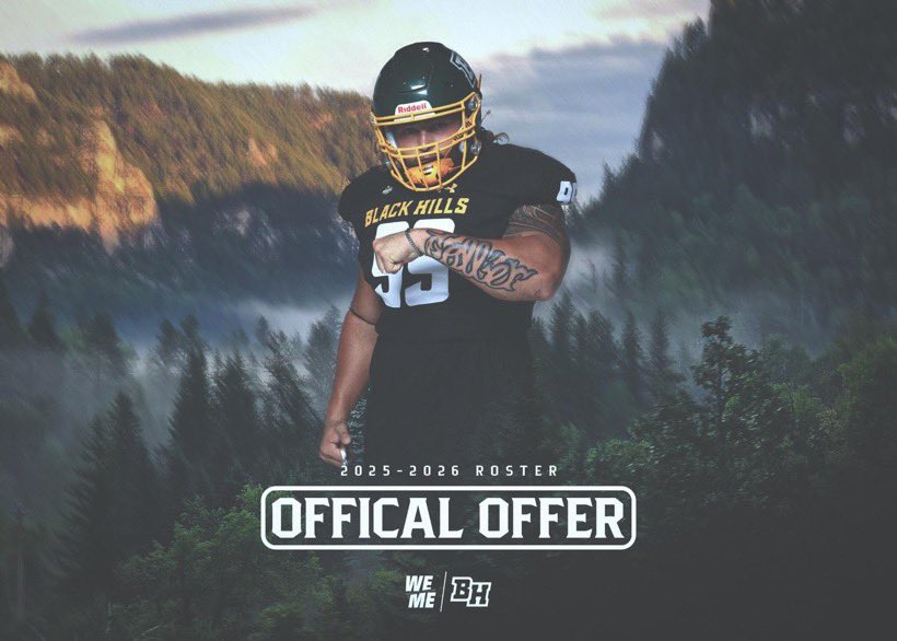I am blessed to announce I have received an official offer from Black Hills State University! @CoachBenBlake @RomeoPellum @GregBiggins @MillikanHSFB