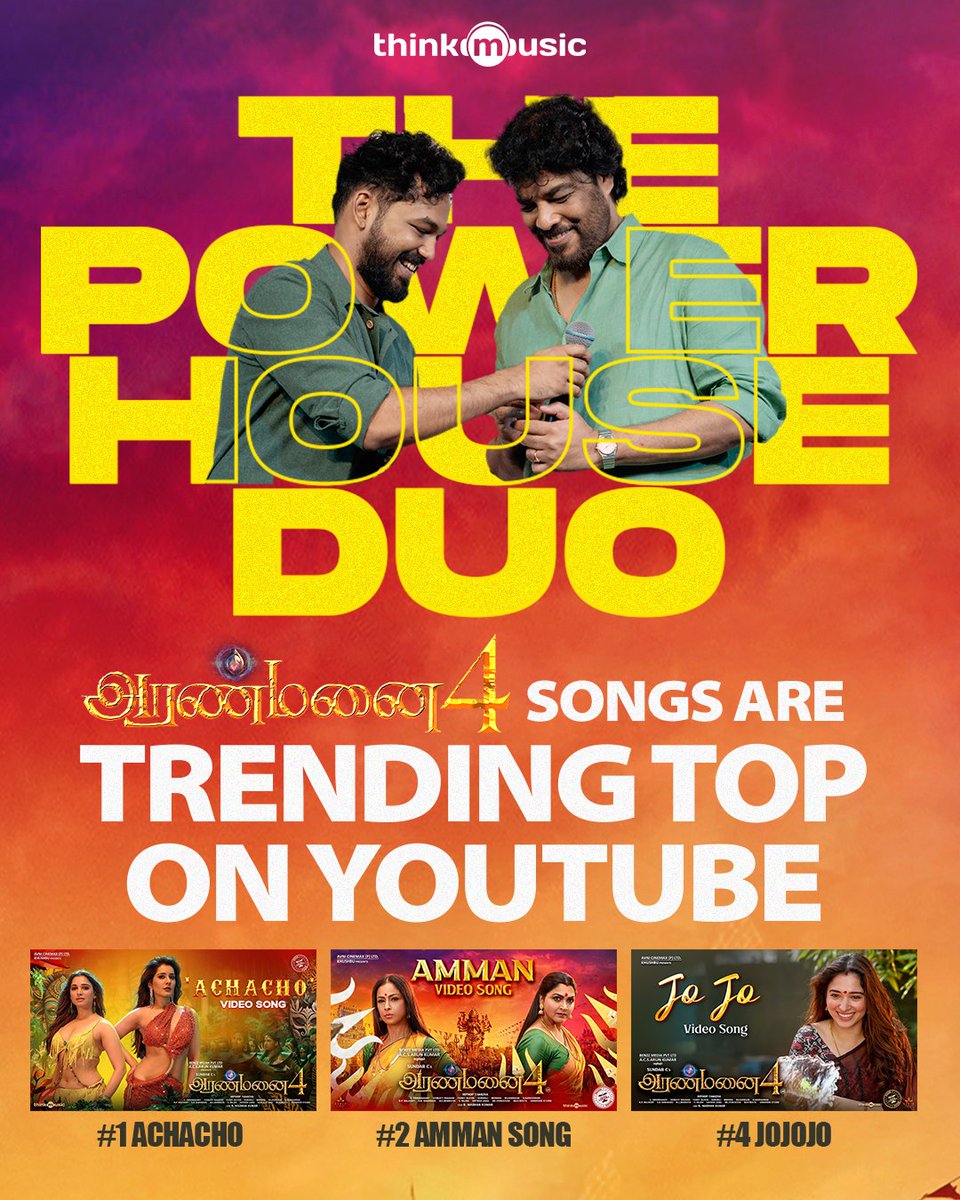 Witness the effect of The powerhouse duo💥! #SundarC & @hiphoptamizha's #Aranmanai4 songs are trending top on @YouTube 🔥🎶 #Achacho #AmmanSong #JoJo