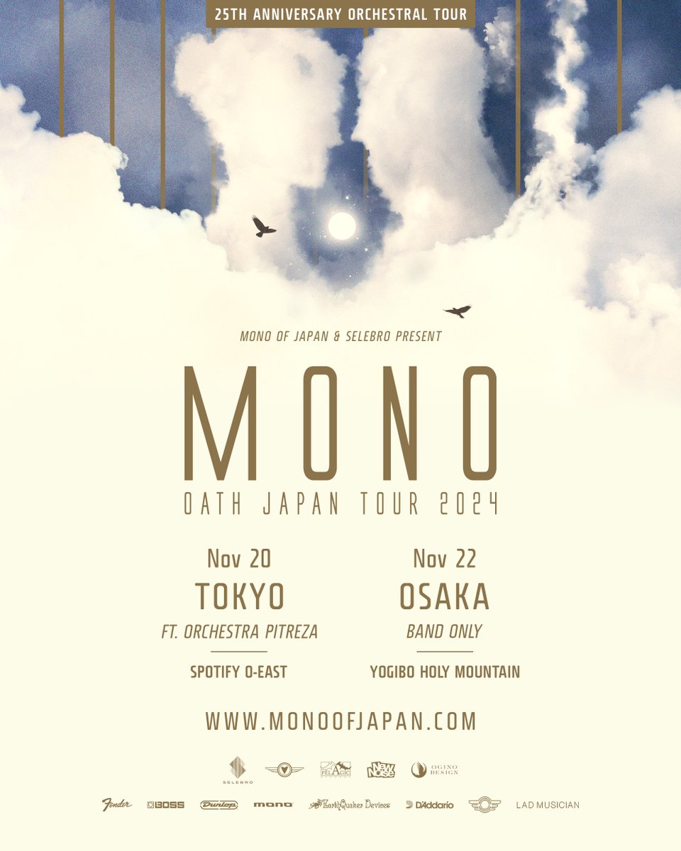 【チケット情報】 2024.11.22(金) at Yogibo HOLY MOUNTAIN MONO 25th Anniversary 'OATH' Japan Tour 一般発売開始！ 🎫 eplus.jp/mono-25th/ International Tickets 🌎ib.eplus.jp/mono25th <Act> MONO @monoofjapan VIP¥7000/ADV¥5000/学割¥2500 OPEN18:30 / START19:30