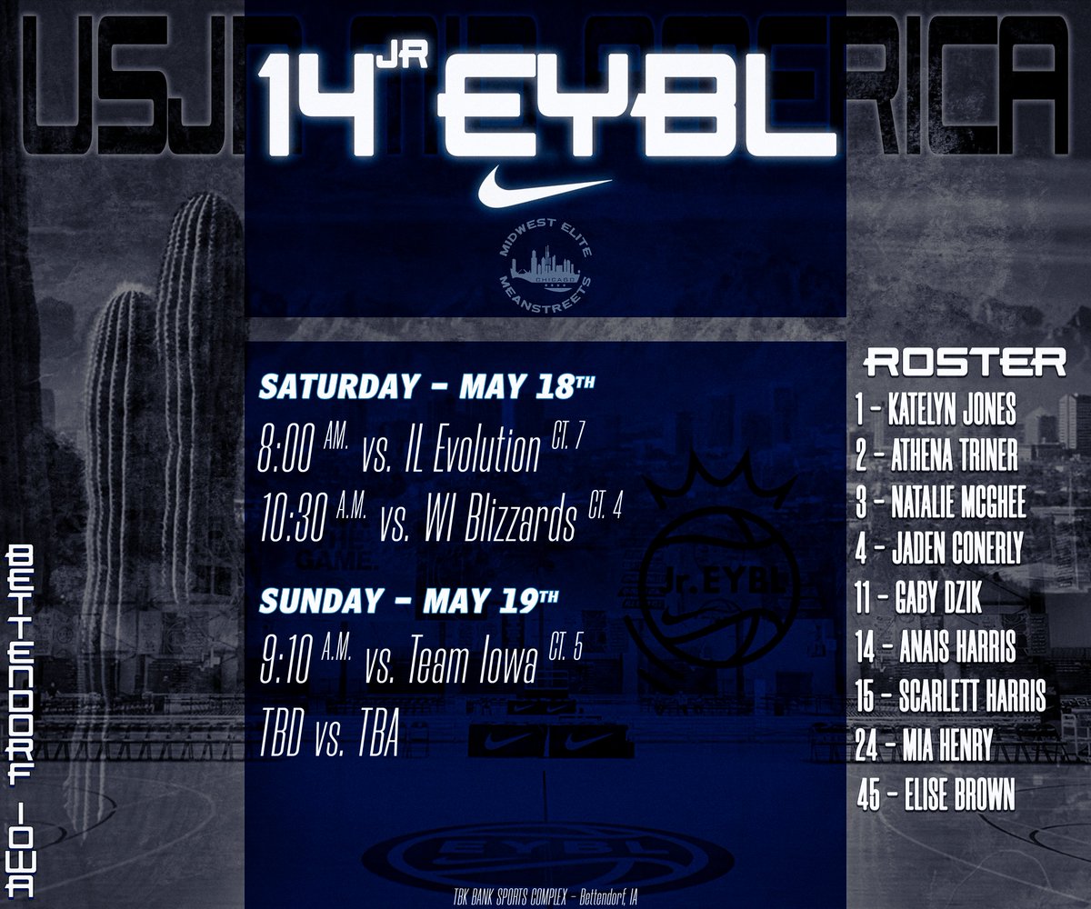 🚨EYBL Session 2 🚨

Here is the schedule for our EYBL teams this weekend. 

📅Friday, May 17 - 19
📍 Phoenix, Arizona

#MidwestStreetsEYBL 
#EliteStreetsEYBL 
#MidwestMeanElite
#EliteMeanStreets 
#StreetsOfMidwestEYBL 
#EYBLNewEra