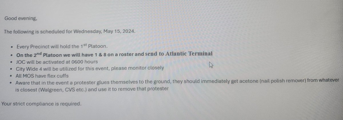 Sounds like more protests / riots about to go down in downtown Brooklyn tomorrow according to this NYPD order. All active MOS, remember to sign out and go home at the end of tour and stay safe. 🙏🏼