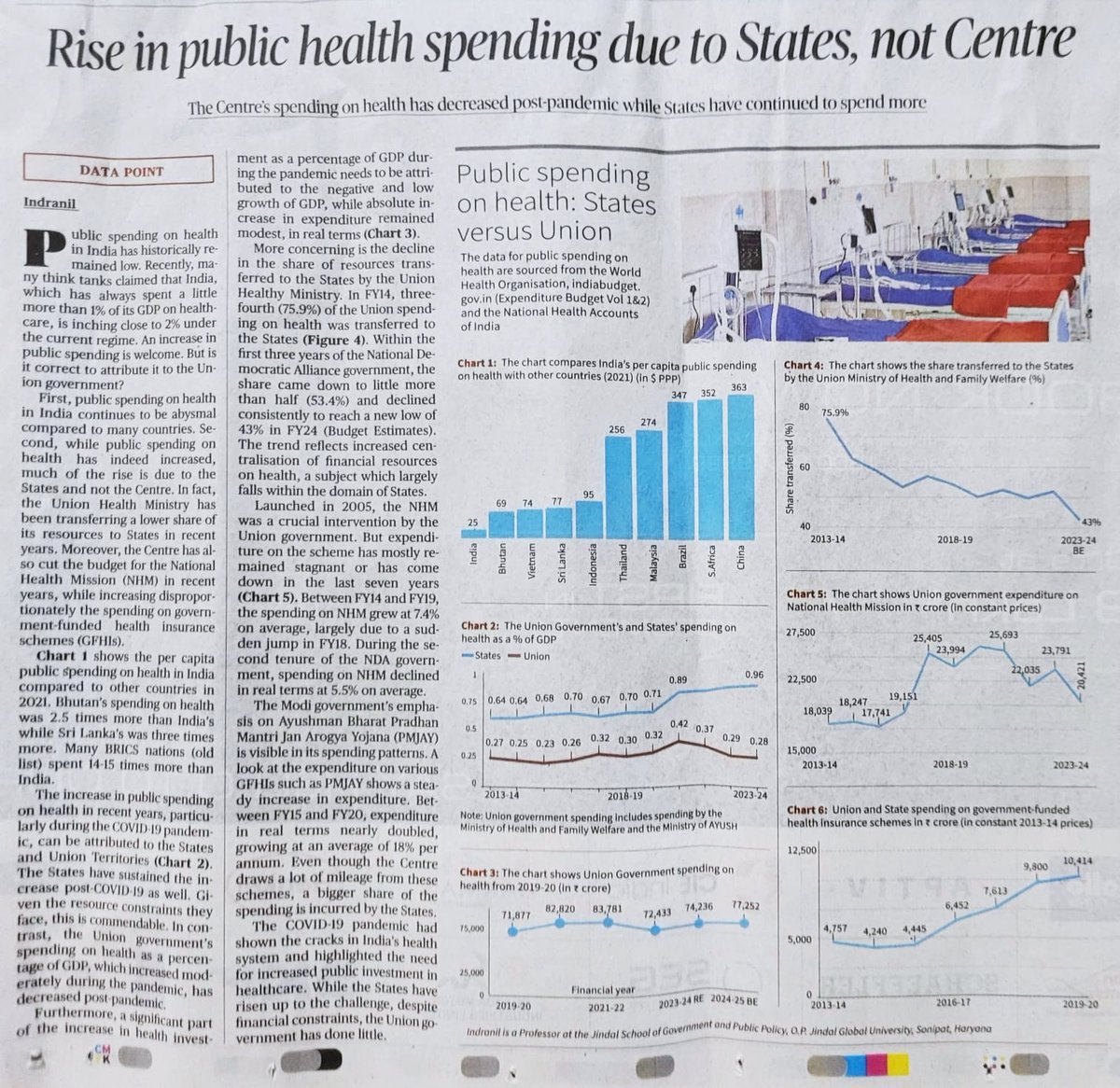 "India's Public spending on #health has 🔼, due to STATES &amp; not Centre. 
GOI has 🔽 National Health Mission (NHM) budget by avg 5.5% in real terms between 2019-24.
&amp; 🔼spending of Govt. funded #healthinsurance schemes (#AyushmanBharat PMJAY scheme). "
✍️ by Health Economist Dr.