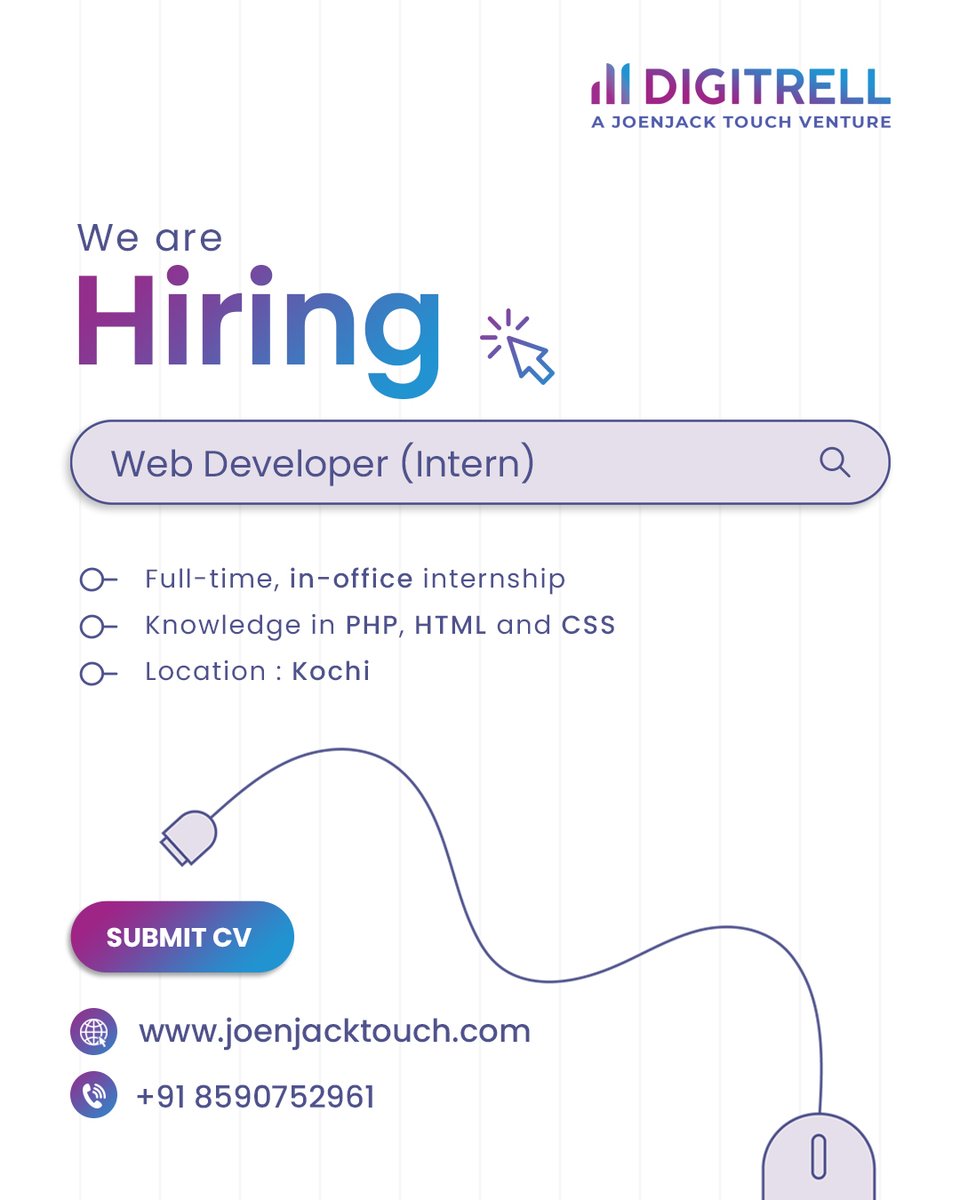 digitrell24's tweet image. 📢 Are you passionate about technology and eager to learn in a dynamic environment? We are seeking a motivated Web Developer Intern to join our team.
To Apply: Please send your resume to hello@joenjacktouch.com
#hiring #webdeveloper #webdeveloperintern #jobseekers