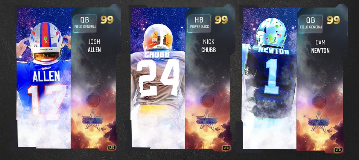 Theme Team All-Stars! 

Custom concepts of some players I'd LOVE to see. Tell me yours below for your favorite team :)

Cam Newton - Panthers
Nick Chubb - Browns
Josh Allen - Bills

Likes + Rts appreciated :)