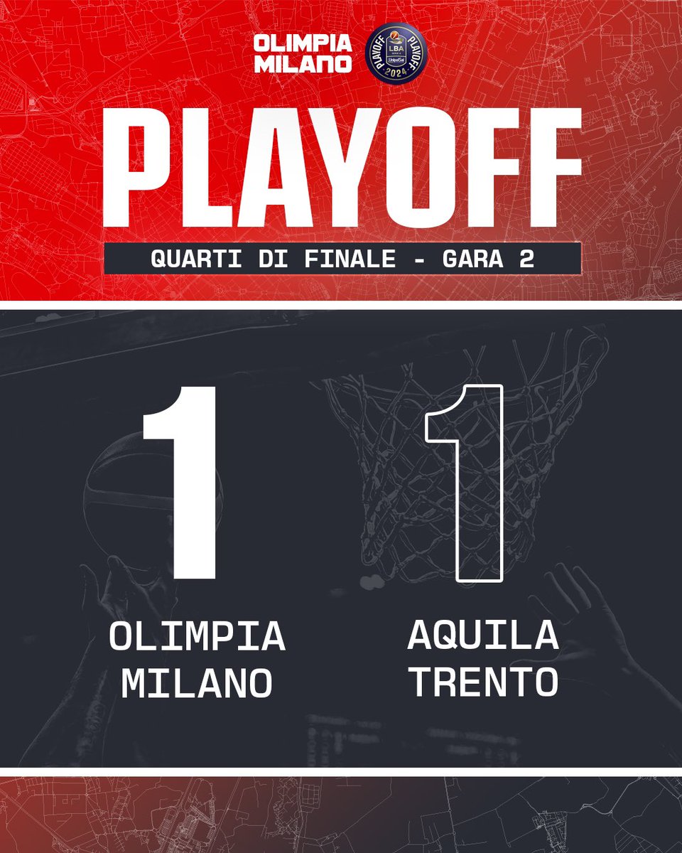 1️⃣ - 1️⃣ Ora la serie si sposta a Trento per gara 3. Venerdì ore 20:45 diretta su Dazn e Dmax. #insieme #olimpiamilano #ForzaOlimpia