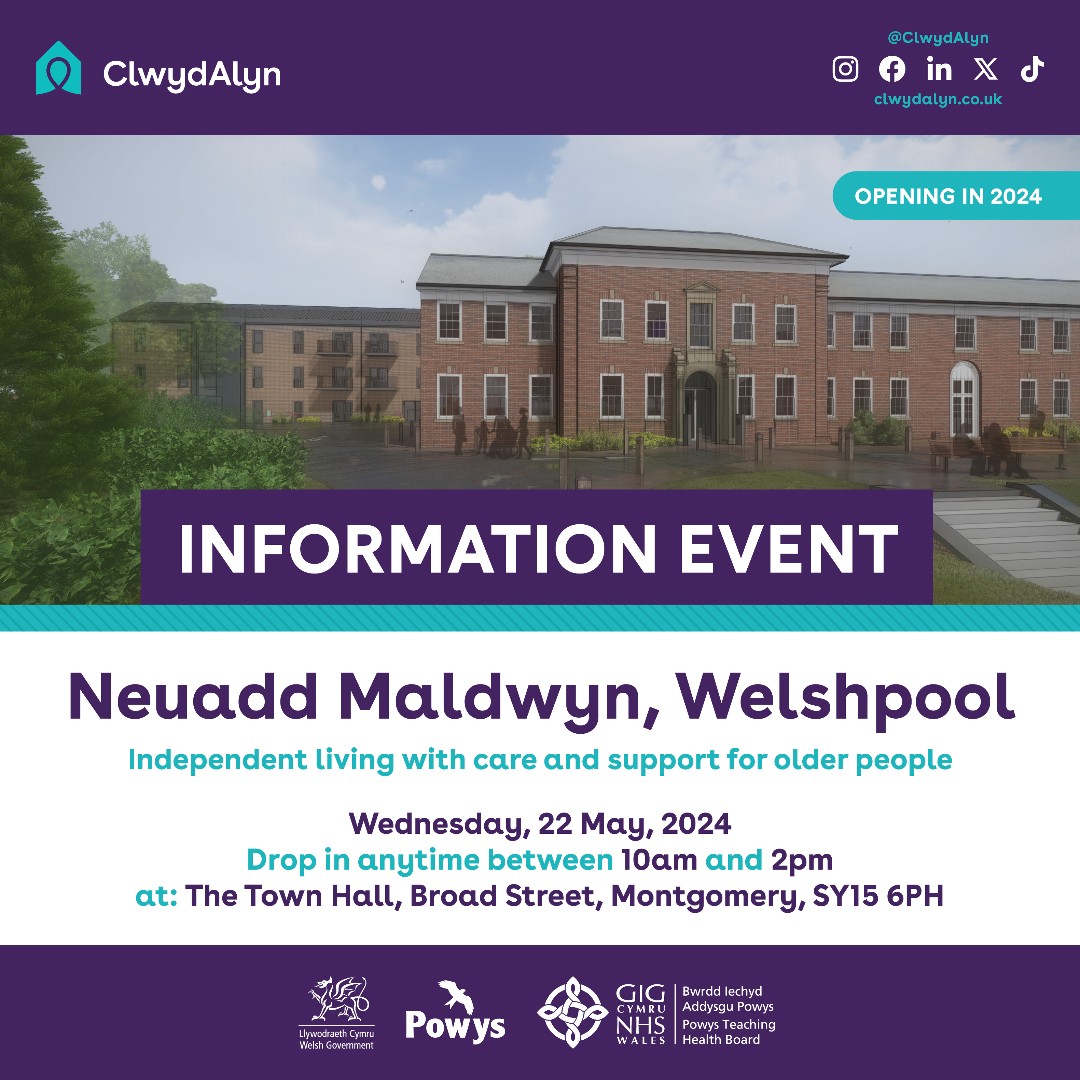 Our final Information event for Neuadd Maldwyn is being held at The Town Hall, Broad Street next Wednesday. Come along to find out more about Neuadd Maldwyn and independent living with care and support. @PowysCC @mywelshpool