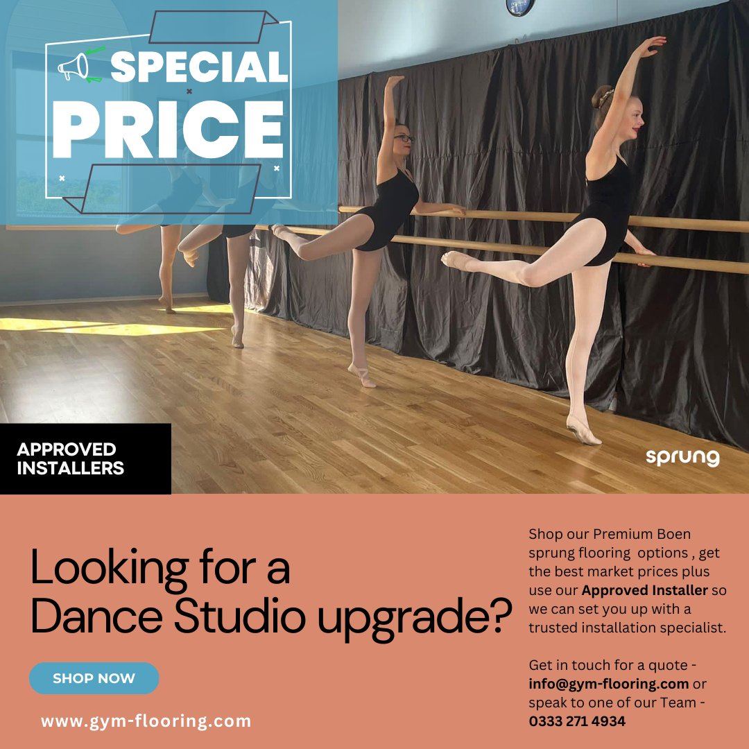 Not only do we stock acclaimed Dance Studio sprung floor solutions, we can also help with installation. Get in touch with our team on 0330 031 8109/info@gym-flooring.com to find out how we can save you money. #dancestudioflooring #sprungflooringfordance #dancestudio