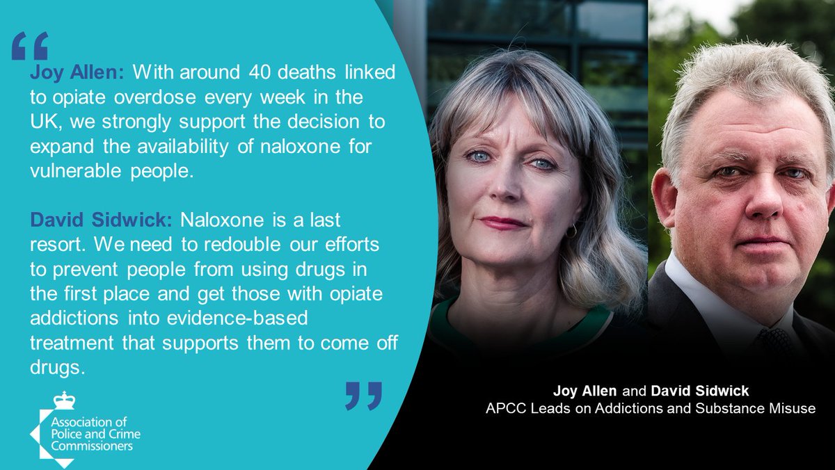 APCC Leads on Addictions and Substance Misuse Joy Allen and David Sidwick welcome the announcement that opioid overdose antidote Naloxone is to become more widely available. 

Read their statement ➡️tinyurl.com/5nrs36j5

#PCCsMakingADifference
