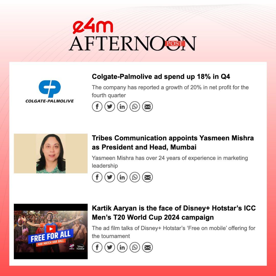 e4mtweets's tweet image. Visit exchange4media.com for the latest updates.

@CP_News ad spend up 18% in Q4.

#TribesCommunication appoints #YasmeenMishra as President and Head, Mumbai.    

@TheAaryanKartik is the face of @DisneyPlusHS’s ICC Men’s @T20WorldCup 2024 campaign. 

#e4m #colgate #tribes