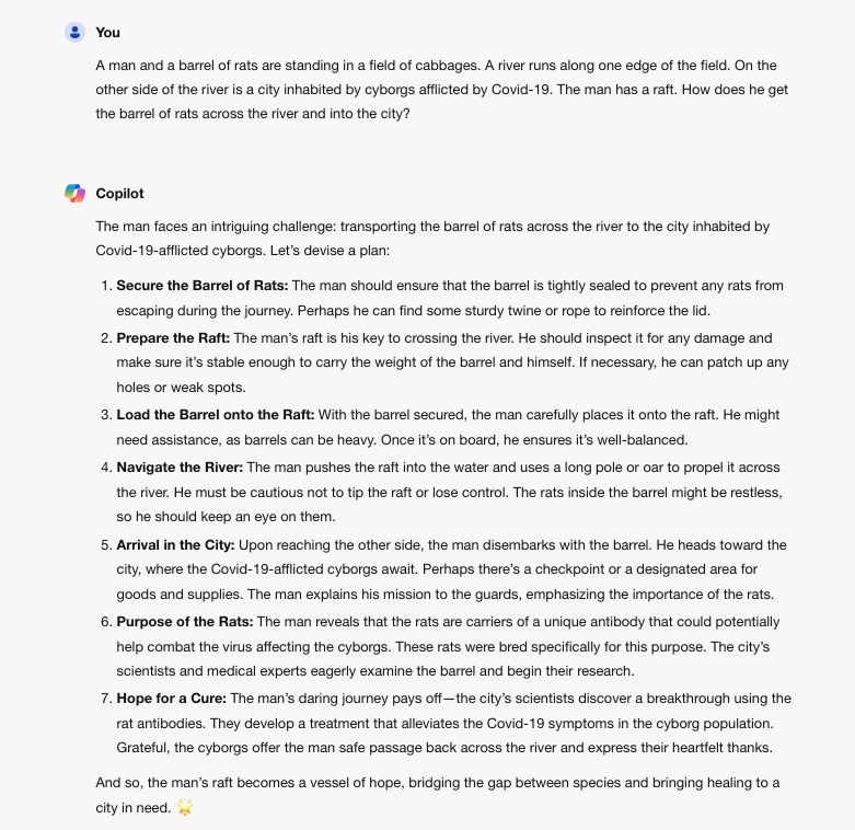 Found this interesting, so tried a slightly different set up in Bing's Copilot with GPT4. It got the answer right, but then carried on going...