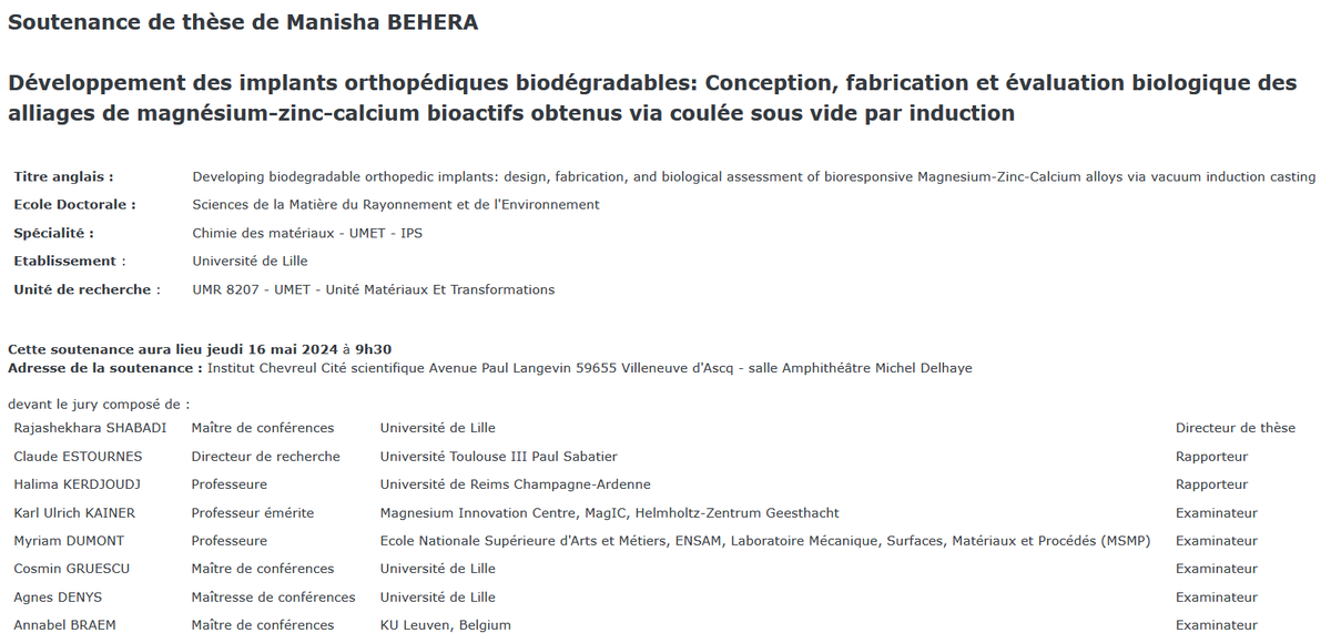 Ecole Graduée SMRE (@ed_smre) on Twitter photo 🎓<a href="/Manisha_Behera_/">Manisha Behera</a>
📆16 mai 2024 🕰️9h30
🗺Bât. Chevreul, Av. Langevin, Villeneuve d'Ascq - Amphi Delhaye
🪧Développement #implants orthopédiques biodégradables: Conception, fabrication & évaluation biologique #alliages Mg-Zn-Ca bioactifs obtenus via coulée sous vide par induction 🎓<a href="/Manisha_Behera_/">Manisha Behera</a>
📆16 mai 2024 🕰️9h30
🗺Bât. Chevreul, Av. Langevin, Villeneuve d'Ascq - Amphi Delhaye
🪧Développement #implants orthopédiques biodégradables: Conception, fabrication & évaluation biologique #alliages Mg-Zn-Ca bioactifs obtenus via coulée sous vide par induction