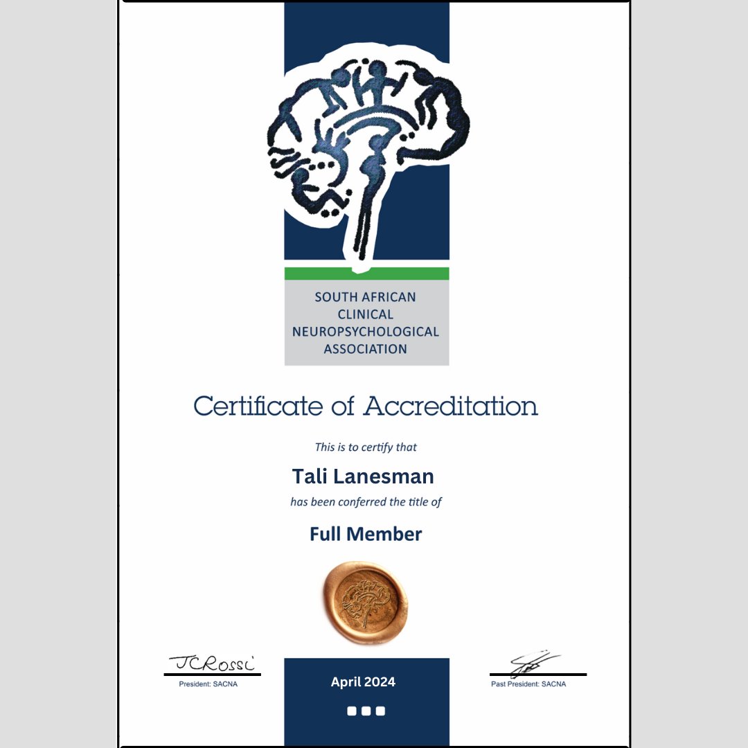 SACNA extends its heartfelt congratulations to Tali Lanesman for attaining SACNA Full Member status. For additional details, please visit our 'Find a Full Member' page at sacna.co.za/find.php SACNA invites all HPCSA registered Neuropsychologists to join SACNA as a Full Member.