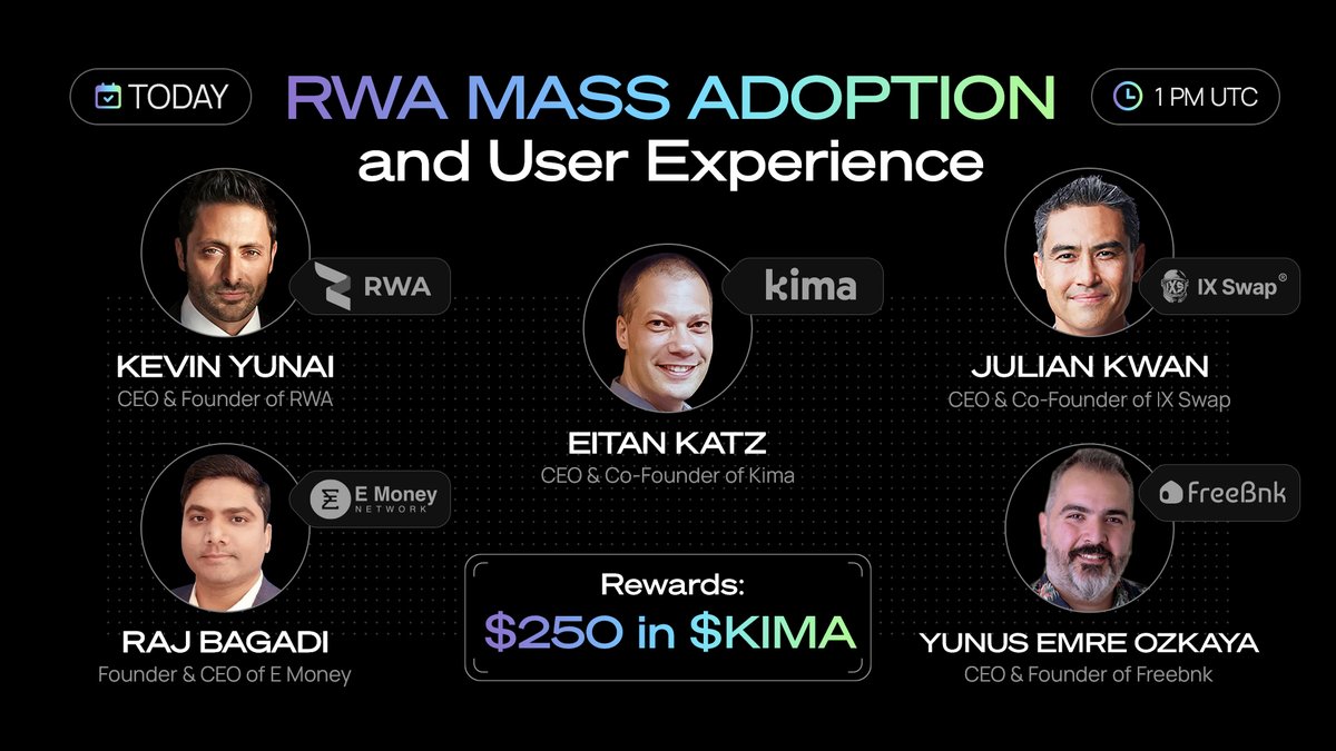 💥Kima X Panel is TODAY!💥 🔔 Set your alarms for 1 PM UTC and join Kima with our partners, @IxSwap, @free_bnk, @RWA_Inc_, and @emoney_network, to explore 'RWA Mass Adoption and User Experience.' 🔎What will we talk about? ✅Understanding RWAs and their potential impact on the