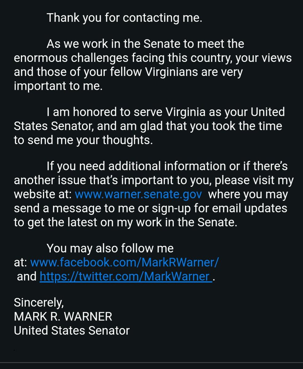Wrote my state senator about an investigation into the attack on the #USSLiberty. This clown can't even respond with the topic I wrote him about. I guess he doesn't want the AIPAC money to dry up. Do better @MarkWarner
