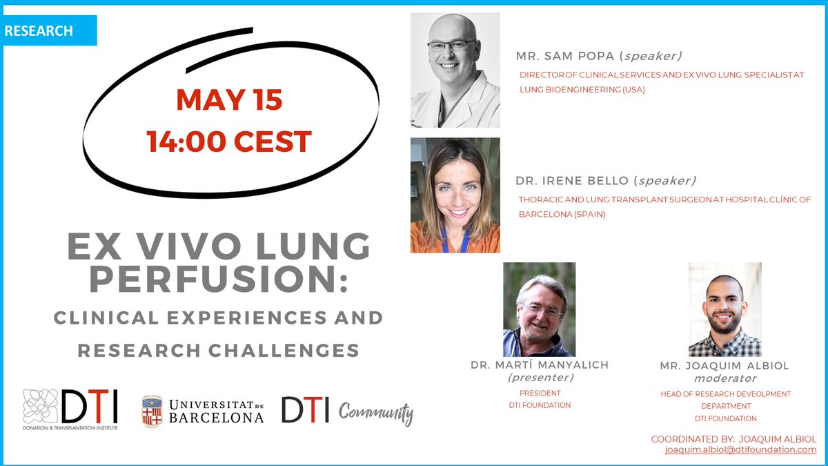 📢 IT'S TODAY!! RESEARCH WEBINAR 'Ex Vivo Lung Perfusion: Clinical Experiences and Research Challenges' SAVE THE DATE: 🗓️May 15, 2024 🕑14h CEST REGISTER 👉 us06web.zoom.us/webinar/regist…