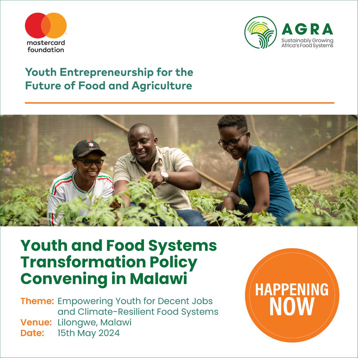 Happening Now! Youth Entrepreneurship for the Future of Food and Agriculture (YEFFA) Join us online for The Youth and Food Systems Transformation Policy convening in Malawi Link to Zoom - agra-org.zoom.us/webinar/regist…