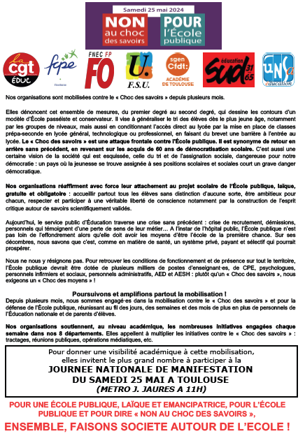 Contre le #ChocDesSavoirs, pour un choc des #moyens et pour l'#EcolePublique, mobilisons-nous, avec l'intersyndicale et les parents d'élèves !

#25mai, journée nationale de #manifestation

📢Rendez-vous à #Toulouse, métro J. Jaurès à 11h !

▶️Tract sur toulouse.snes.edu/spip.php?page=…