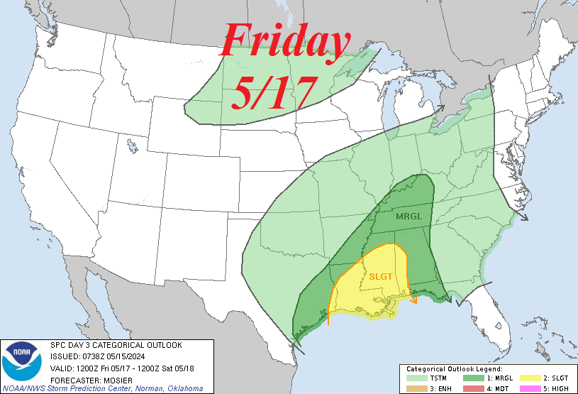 Rain is in the forecast this week for a large portion of US states! Severe weather risk remains low, however Wednesday 05/15 has an ENHANCED RISK for severe weather including 5% tornado probability in northern OK, southern KS, central FL! #wxtwitter #okwx #flwx #txwx #kswx