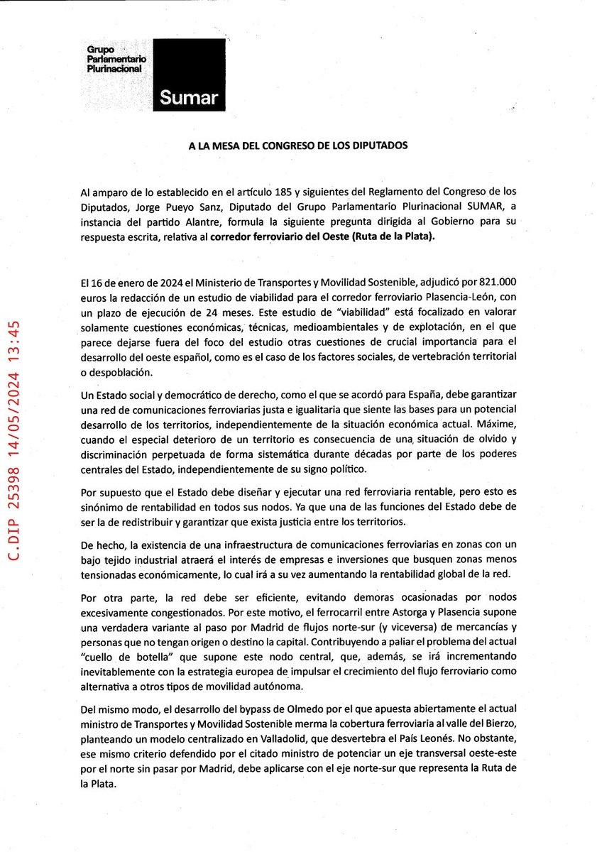 Alantre_federal's tweet photo. Gracias a las relaciones entabladas entre @Alantre_federal y la @chunta Aragonesista —y con la colaboración del diputado del Grupo Parlamentario @sumar, @jorge_pueyo95 — se han formulado una serie de preguntas en el Congreso de los Diputados al Gobierno de España sobre su inacción y contradicciones con respecto a la reapertura del Corredor Ferroviario del Oeste, la Ruta de la Plata.🛤️
#tren #ferroviario #infraestructuras #paisleones #extremadura #asturias #andalucia #viadelaplata #rutadelaplata #desarrollo #oeste