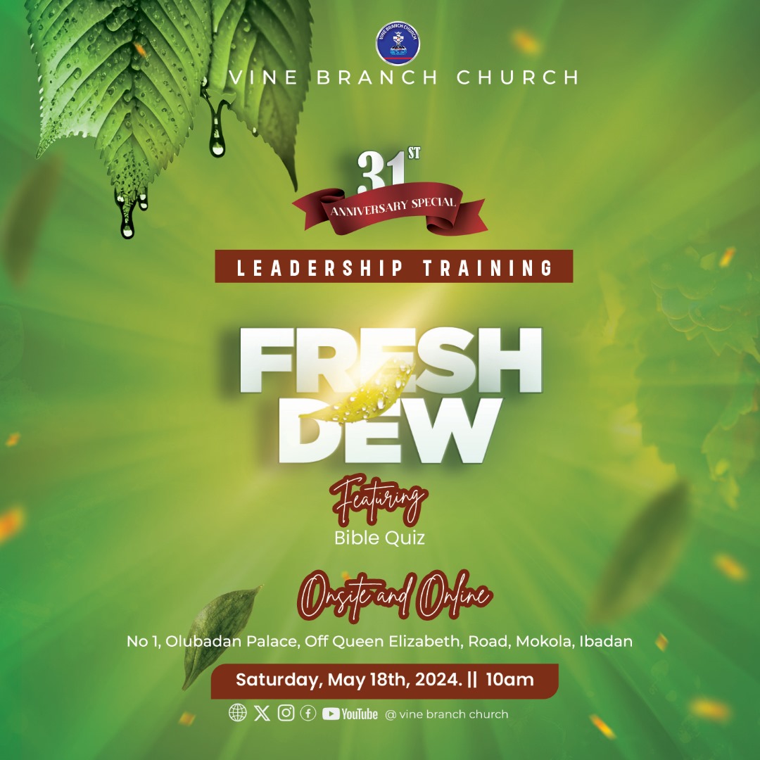 It’s final ‘prep’ before #FreshDew #ESHCOL2024, so seize the wisdom, cultivate perspectives,and unleash your potential

 Let's pave the way for greatness and an exceptional #ESHCOL2024 ! 

This Saturday, 10am

Everyone is invited!

#LeadershipTraining
#VBCMokola
#VineBranchChurch