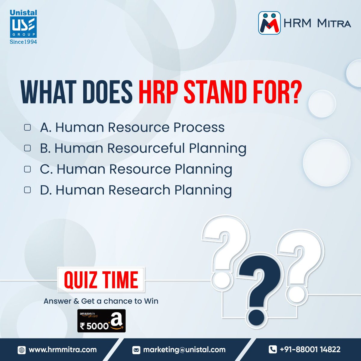 You could win Rs.5000! Tell us the correct full form of HRP and be our lucky winner. Answer, Like, Share, and Repost to win Rs. 5000 worth of Amazon vouchers. Comment now #PrizeGiveaway #RewardYourself #ParticipateAndWin #ContestTime #LuckyWinner #HRMMitra #Quiz