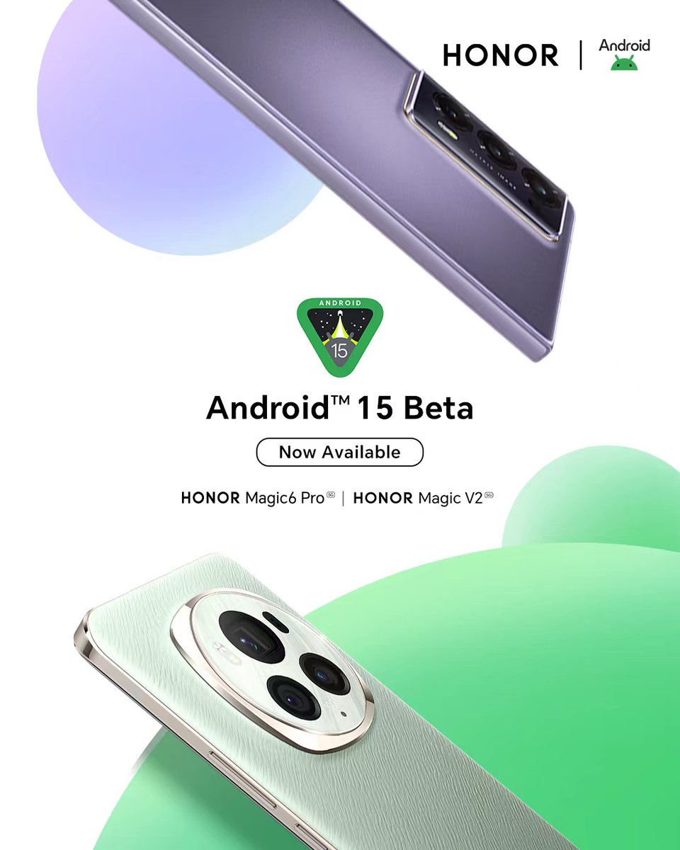 Exciting news! ANDROID 15 Beta is now available for all developers on #HONORMagic6 Pro and #HONORMagicV2 💫  
We would love to hear your thoughts on the latest features. Share your experience below.👇  
Learn More: developer.honor.com/en/docs/11100/…