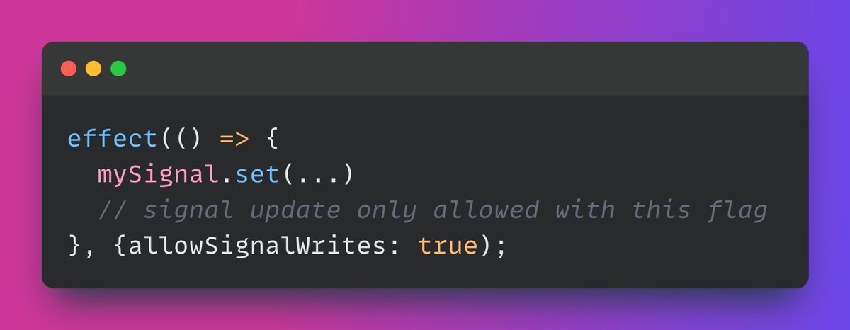 You might think allowSignalWrites is a feature to allow you to change a signal in an effect. Its real feature is actually the opposite: Add friction to the anti-pattern of propagating state change through effects and encouraging the use of computed. #Angular