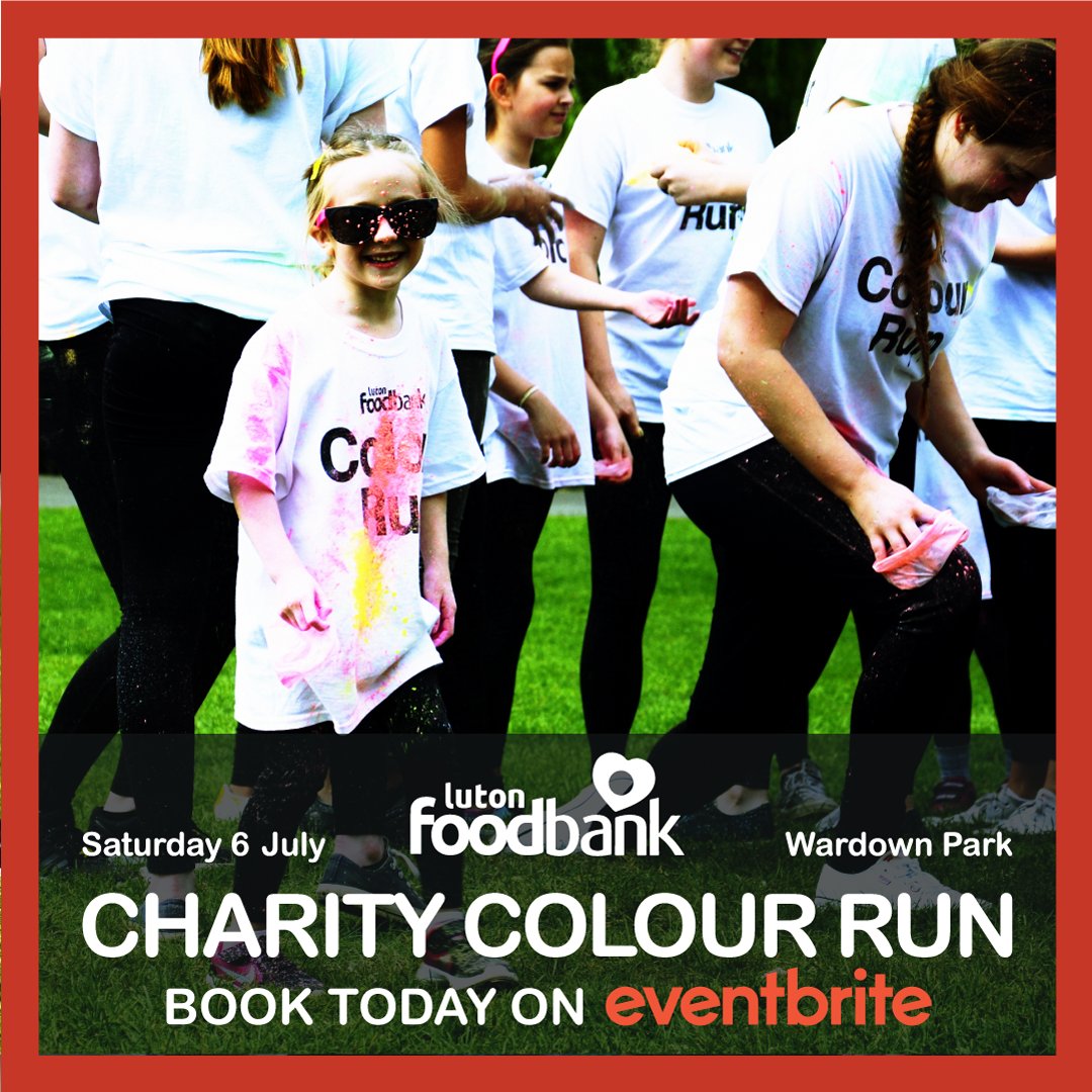 £15-£20 only! The much-loved Luton Foodbank Colour Run returns to Wardown on Sat 6 July. Registered runners get medal, sunglasses, t-shirt, courtesy of Luton Rising & London Luton Airport. All proceeds go towards adult or child food parcels. Book today! eventbrite.com/e/luton-foodba…
