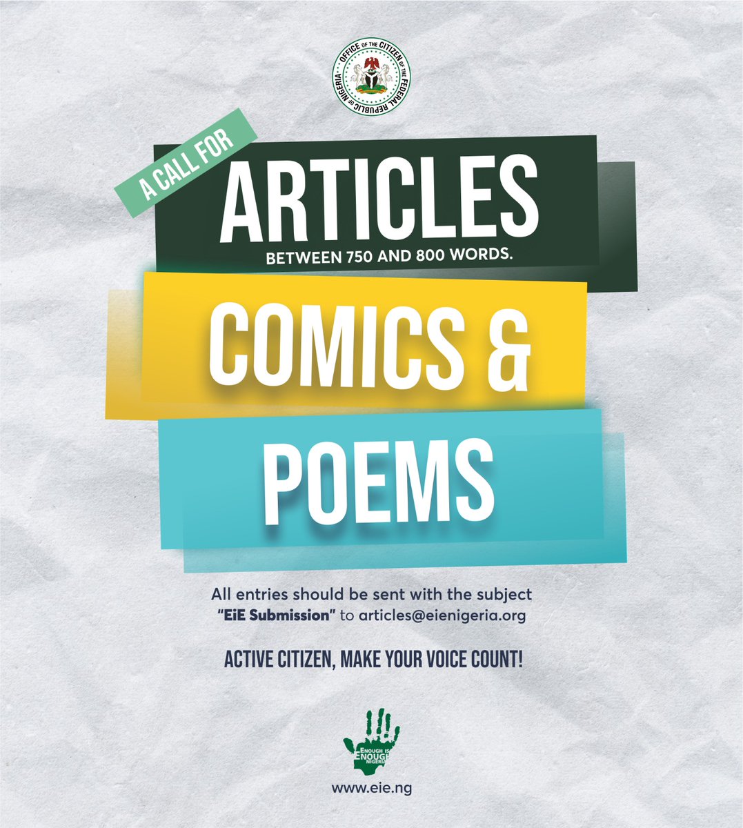 Writers & artists, share your voice on Good Governance, Public Accountability, Active Citizenship & Democracy! Submit articles, comics & poems to articles@eienigeria.org for our featured series. Let your creativity shine a light on these critical issues. #OfficeOfTheCitizen
