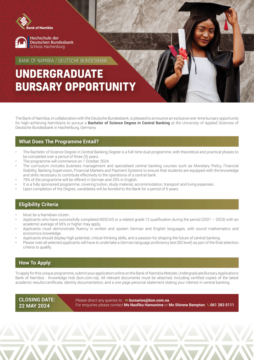 BURSARY OPPORTUNITY | 👩‍🎓 👨‍🎓

One more week remaining to take advantage of this one-time bursary opportunity to pursue a Bachelor of Science Degree in Central Banking at the University of Applied Sciences of Deutsche @Bundesbank in Hachenburg, Germany!

Due date for applications: