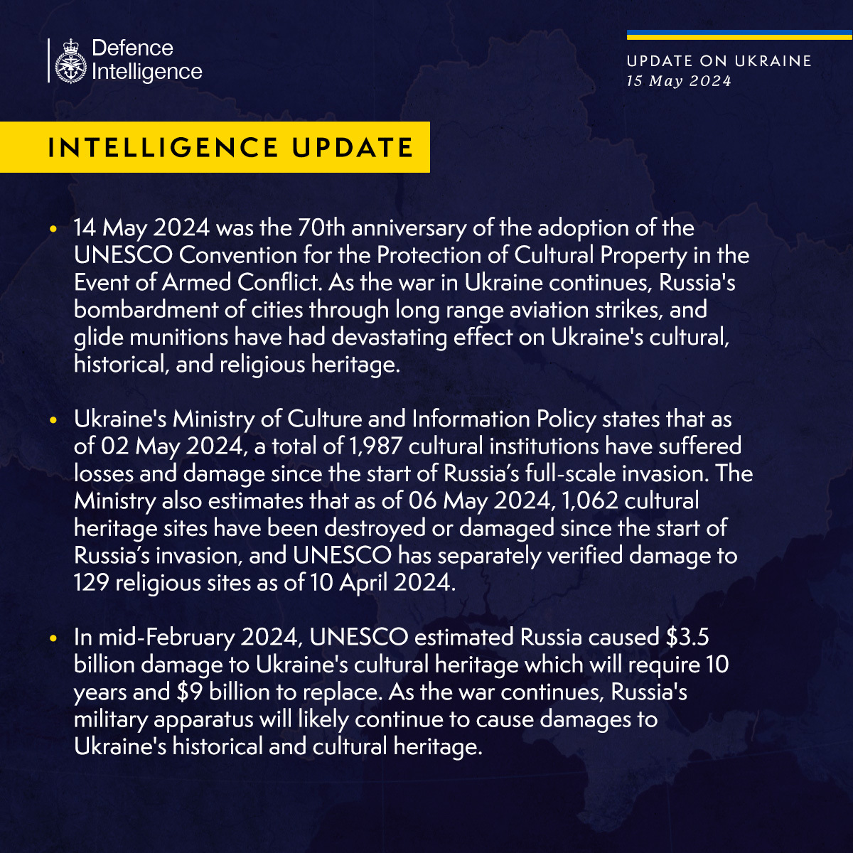 14 May 2024 was the 70th anniversary of the adoption of the UNESCO Convention for the Protection of Cultural Property in the Event of Armed Conflict. As the war in Ukraine continues, Russia's bombardment of cities through long range aviation strikes, and glide munitions have had devastating effect on Ukraine's cultural, historical, and religious heritage.   Ukraine's Ministry of Culture and Information Policy states that as of 02 May 2024, a total of 1,987 cultural institutions have suffered losses and damage since the start of Russia’s full-scale invasion. The Ministry also estimates that as of 06 May 2024, 1,062 cultural heritage sites have been destroyed or damaged since the start of Russia’s invasion, and UNESCO has separately verified damage to 129 religious sites as of 10 April 2024.  In mid-February 2024, UNESCO estimated Russia caused $3.5 billion damage to Ukraine's cultural heritage which will require 10 years and $9 billion to replace.