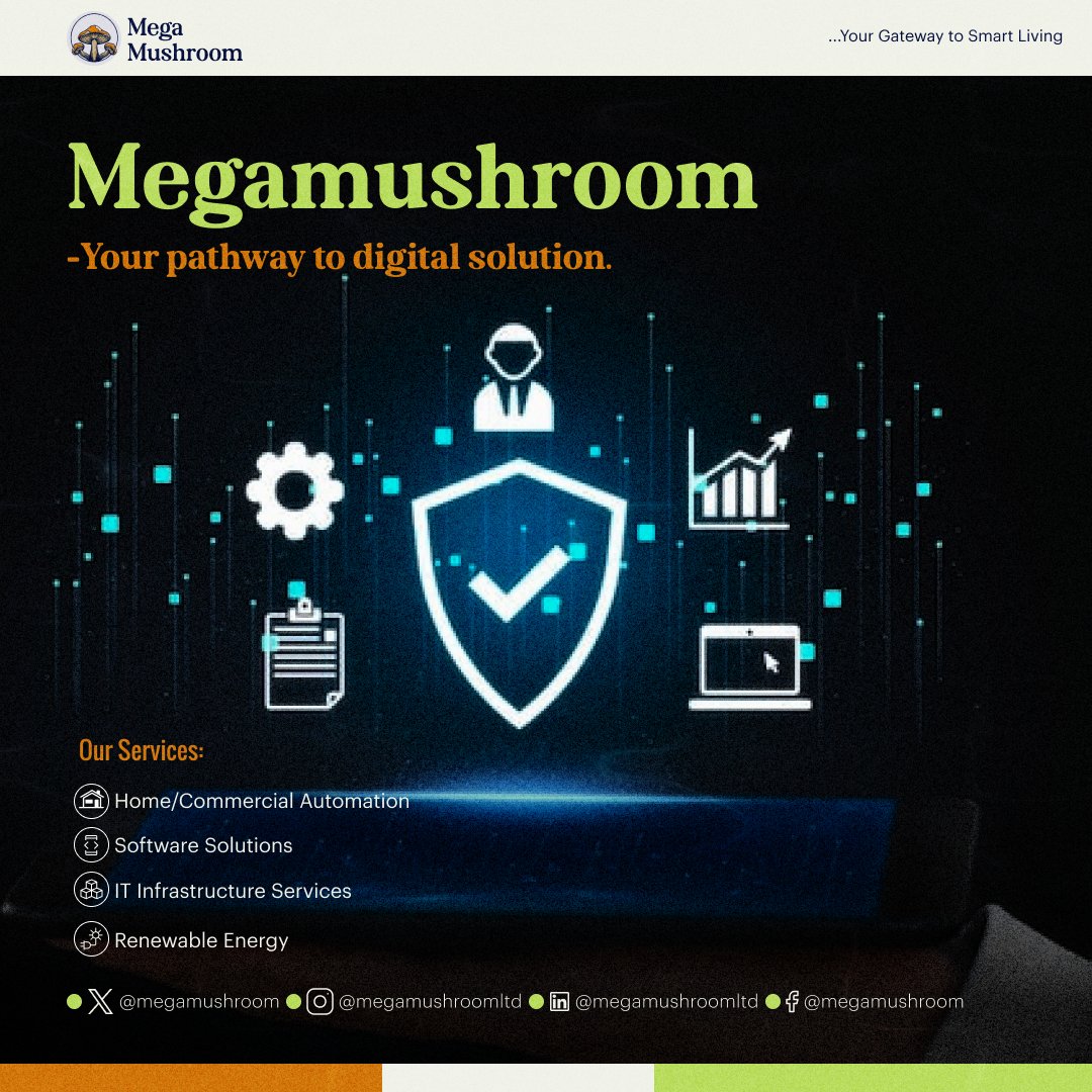 Unlock the power of innovation with Megamushroom's digital solutions!

#Megamushroom #Innovation #tech #softwaresolution #homeautomation #homesecurity #smarthome #smartdevice Gilmore Kucoin $Beyond Opay Skepta ASUU #Naira G-wagon Habeeb Okikiola