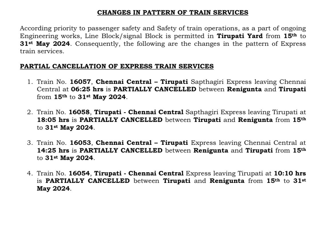 As part of ongoing engineering works, Line Block/signal Block is permitted in #Tirupati Yard from 15th to 31st May 2024. Passengers are requested to take note on this and plan your #Travel #SouthernRailway #RailwayUpdate #RailwayAlert