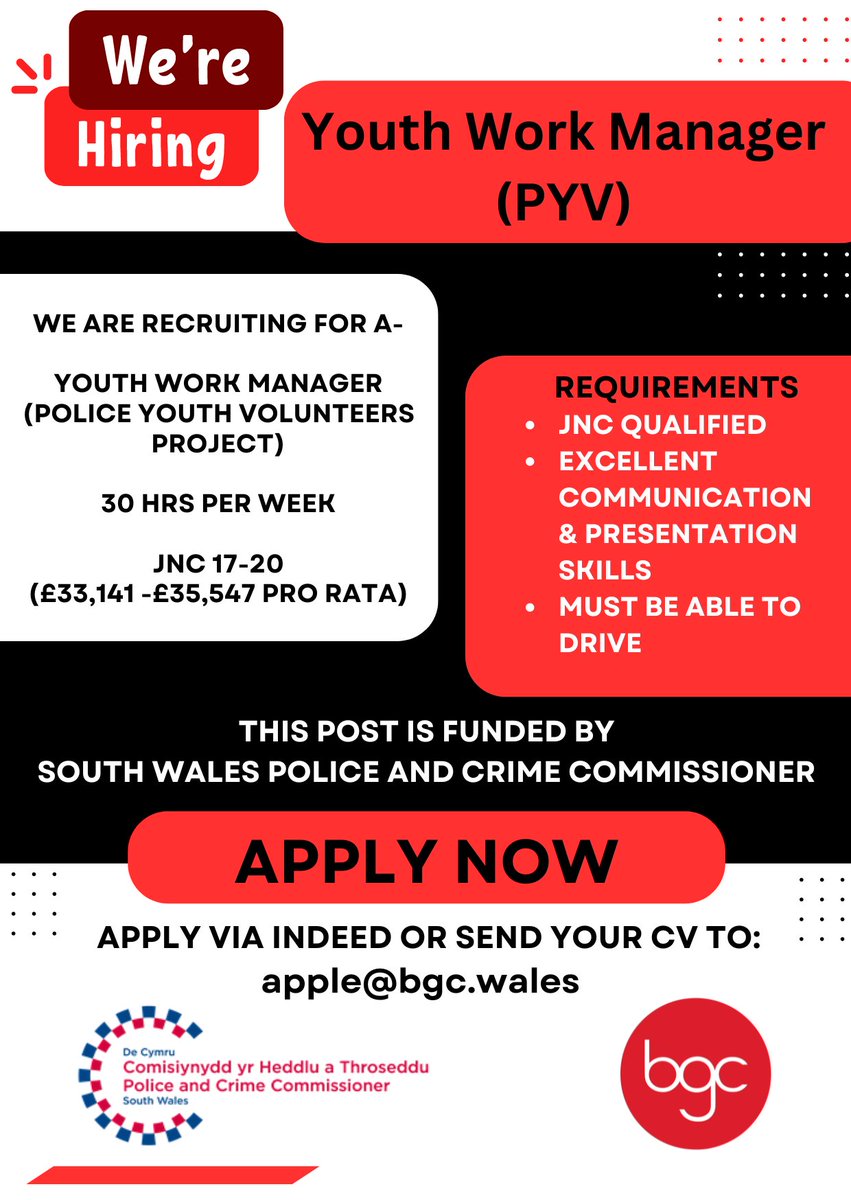 📢📢📢Ymunwch â ni!!! ⏲️⏲️⏲️Still time to join our team at BGC Wales and @commissionersw for this fantastic opportunity to make a difference! 🗓️Deadline 23rd May 2024 ✍️ uk.indeed.com/viewjob?jk=61f…