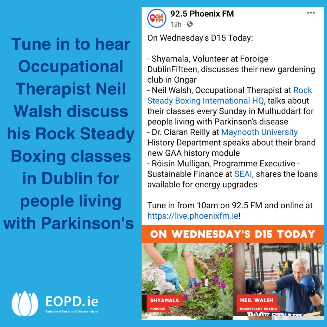 Today, Wednesday 15th May, tune in to 92.5 Phoenix FM to hear Neil Walsh, Occupational Therapist and Rock Steady Boxing coach, speak about the Rock Steady Boxing classes he runs in Dublin for people living with Parkinson's 👏
