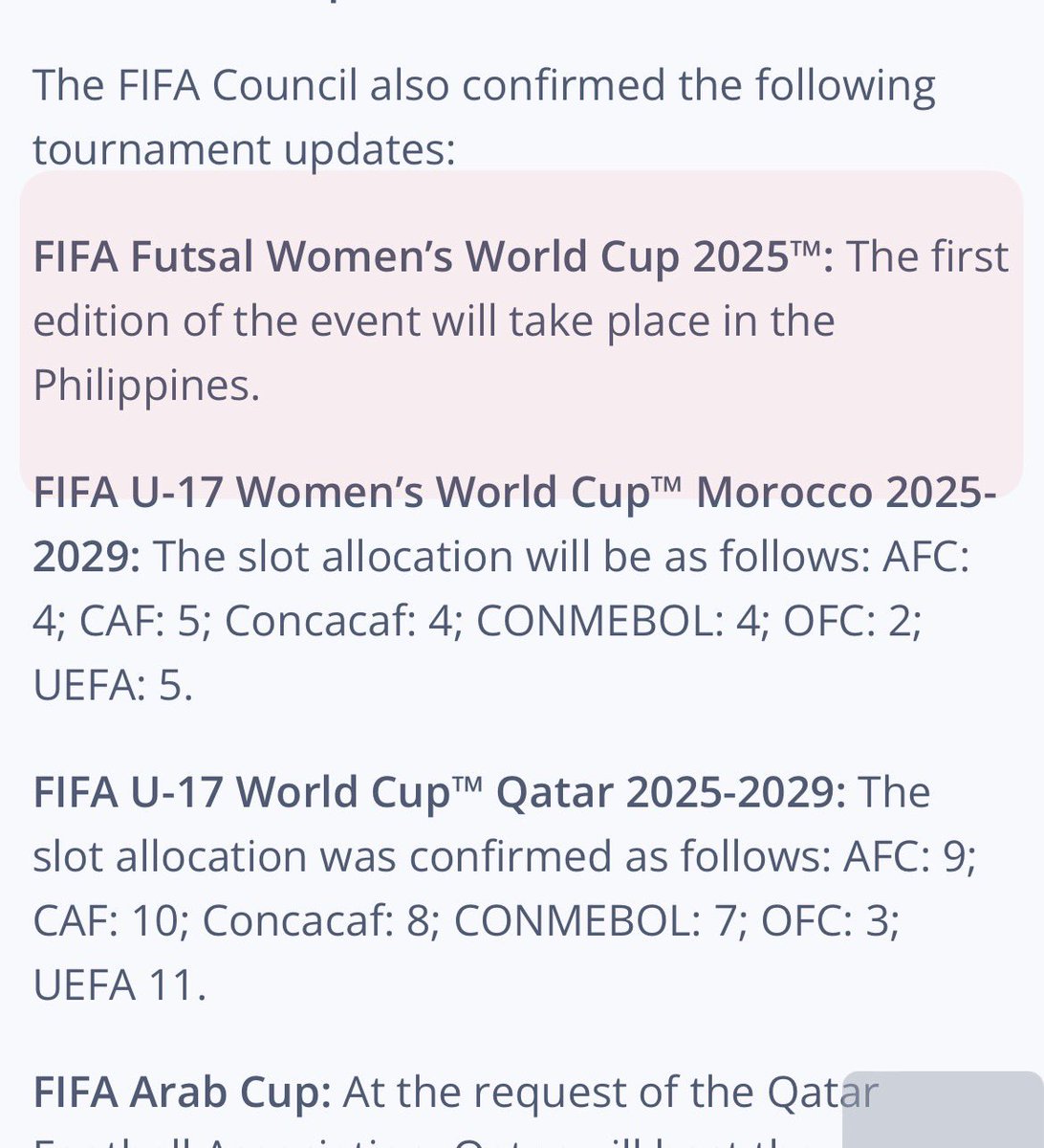 🔴El 1er Mundial de Fútbol Sala Femenino se jugará en Filipinas. 🔴FIFA acaba de anunciar que Filipinas 🇵🇭 acojera en 2025 el 1er Mundial de Fútbol Sala Femenino. ℹ️ Info: inside.fifa.com/about-fifa/org…