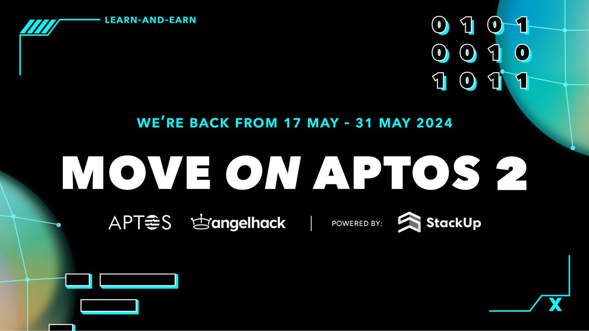 🚀 We're back with Part 2 of our collaboration with @Aptos! Dive deeper into the #Aptos ecosystem, level up with #TypeScript SDK, and create #NFTs and your own fungible asset. Get ready to #MakeYourMove this 17 May. Stay tuned ➡️ go.stackup.dev/aptoslne2-sutw