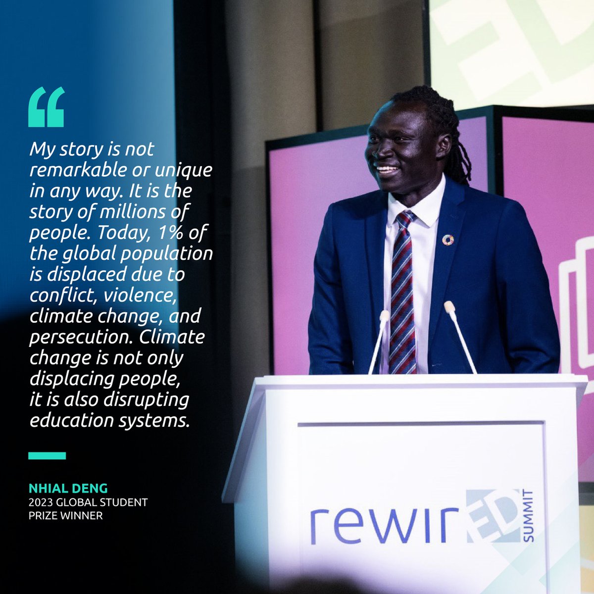 The RewirEd Summit 2023 at COP28 UAE was an opportunity to highlight the powerful impact of #education on #people and #communities globally. @nhialgdeng, the 2023 Global Student Prize @cheggdotorg winner from #SouthSudan, shared his inspiring story, recounting his journey from