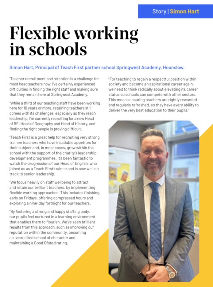 FlexTeachTalent's tweet image. This very thourough report from @TeachFirst doesn’t just have their findings, it also showcases real life examples of what school are doing well. Like @SpringwestA 🫶🏼 #flexibleworkinginschools