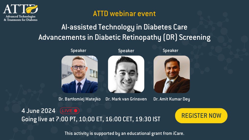 🤩Mark your calendars for the next #ATTDWebinar and explore the intersection of #AI technologies and healthcare, focusing specifically on the advancements in #DR screening. 🗓️Date: 4 June 2024 ⏰Time: 16:00 CET Register Now: bit.ly/4bdxaEF #ATTD24 #UNLOKEducation