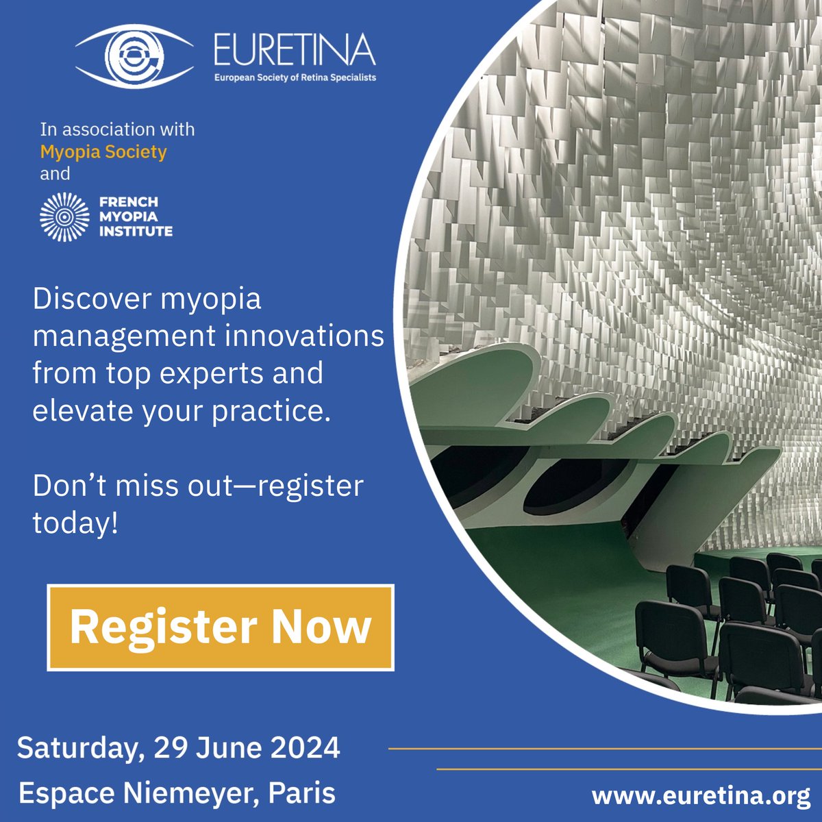 🌟 Exciting News! 📢 The program for the Euretina Special Focus Meeting on Myopia in Paris has just been released! Check out the full schedule and start planning your attendance now: ow.ly/zhsH50RGmlA #EuretinaSpecialFocus #MyopiaInnovation #Paris2024 🚀