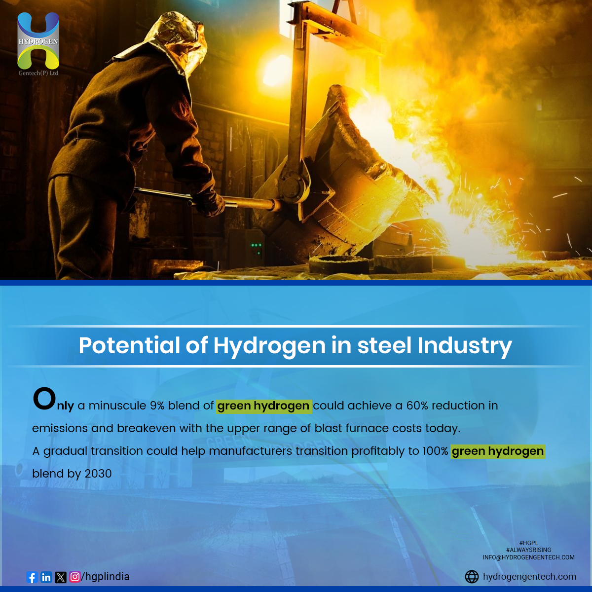 Only a minuscule 9% blend of green hydrogen can achieve a 60% reduction in emissions from the steel industry. This shows the immense potential of green hydrogen in reducing greenhouse gas emissions and making our planet a cleaner and healthier place to live in. #GreenHydrogen