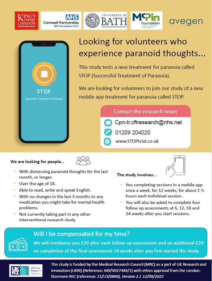 CFT Research (@cpftresearch) on Twitter photo We are currently recruiting to STOP. This study is testing a mobile app therapy for paranoia called STOP, a self-managed treatment.
For more information on STOP, please email the team, cpn-tr.cftresearch@nhs.net. We are currently recruiting to STOP. This study is testing a mobile app therapy for paranoia called STOP, a self-managed treatment.
For more information on STOP, please email the team, cpn-tr.cftresearch@nhs.net.