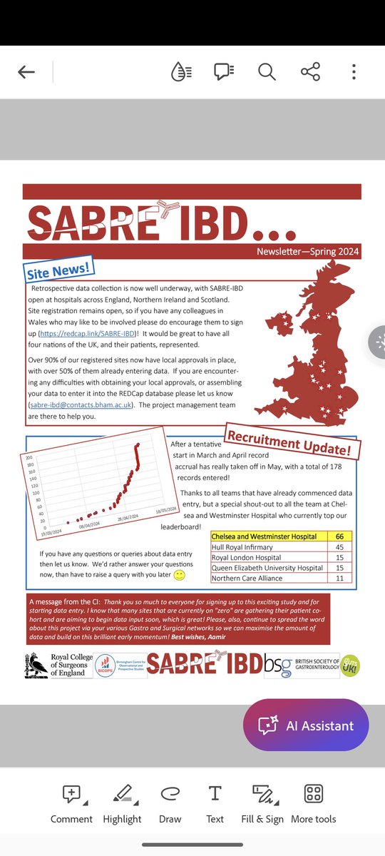 Brilliant early progress for @SABRE_IBD! - safety of continuing or pausing #ibd tx 💉 💊 before any intermediate-to-major risk elective op 2️⃣0️⃣ sites so far! More info & sign up below! Great collab. med/surg project for Drs and AHPs! @ibdseb @BSGTrainees bsg.org.uk/news/sabre-ibd…