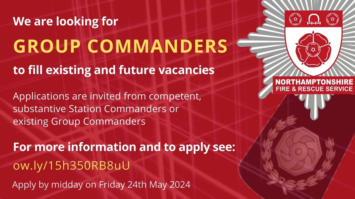 We are looking for Group Commanders to fill current and future vacancies. Applications are invited from competent, substantive Station Commanders or existing Group Commanders For more information and to apply before Friday 24th May 2024 see: ow.ly/15h350RB8uU