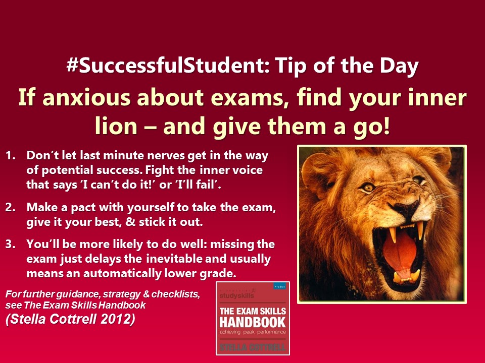 Stella Cottrell (@cottrell_study) on Twitter photo #SuccessfulStudent If anxious about exams, find your inner lion - and give them a go! #Students #student #study #studying #studentlife #studygram #studyplus #college #collegelife #amrevising #Exams #exam #revision #unilife #uni <a href="/BloomsburyStudy/">Bloomsbury Study Skills</a> #SuccessfulStudent If anxious about exams, find your inner lion - and give them a go! #Students #student #study #studying #studentlife #studygram #studyplus #college #collegelife #amrevising #Exams #exam #revision #unilife #uni <a href="/BloomsburyStudy/">Bloomsbury Study Skills</a>